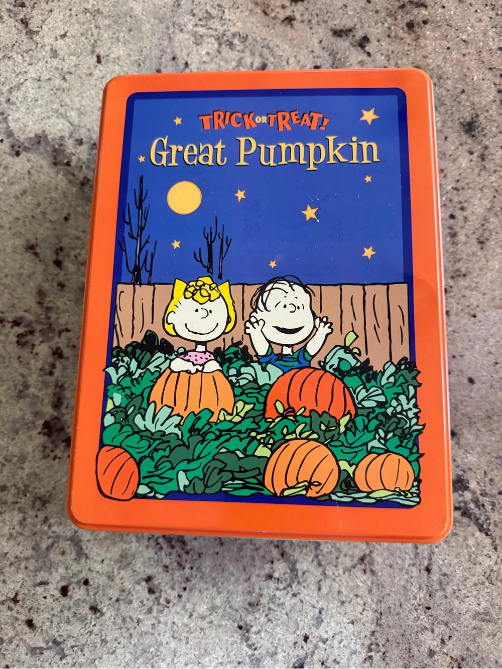 Vintage 1999 Collectible Peanuts Great Pumpkin Orange & Blue Tin